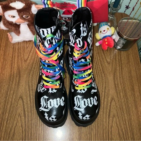 NEW RARE CLUB EXX LOVE IS LOVE PRIDE RAINBOW COMBAT BOOTS - Picture 7 of 16